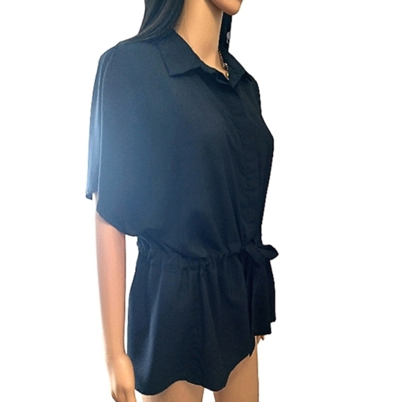 Women's Black Cinched Waist Short Sleeve Top Button Down - Picture 8 of 8